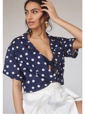 Anthropologie Maeve Printed Buttondown Surf Linen Shirt Navy Polka Dot sz L